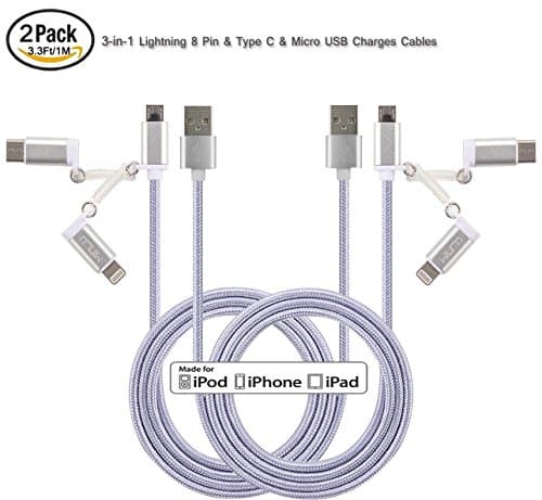 MINLU (TM) 2Pack 3.3Ft Lightning to Micro USB & Type C Charging and Sync 3-in-1 Cable for iPhone, iPad, iPod Touch/Nano, Android, Samsung /HTC/blackberry/ Motorola/Sony/New Macbook/N1/6P/5X (Sliver)