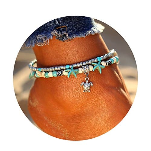 17KM Starfish Turtle Anklets Multi Layered Turquoise Stone Shell Boho Beach Sliver Charm Anklet for Women
