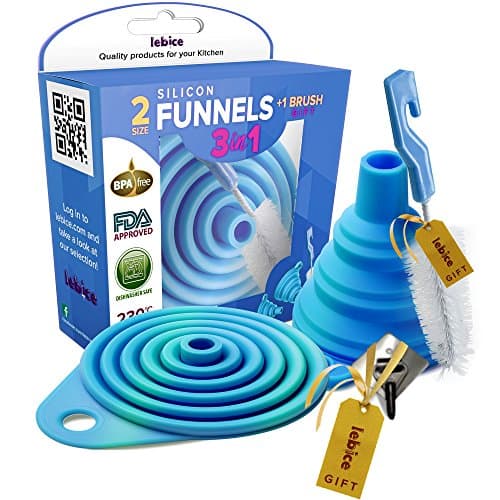 Kitchen Collapsible, 4 Flexible Silicone Funnels, Large and Small Funnel Set, for Oil, Food and Water Bottles, BPA-Free + Brush and Recipes E-Book | by Lebice (4 Colors)