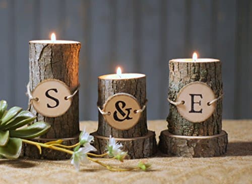 Personalized Log Candle Holder Set ot Three, With Hand Cut and Stenciled tree branch slices, Set of 3