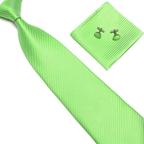 Stylefad Men's Tie Set Solid Color Striped Necktie Pocket Square and Cufflinks (green)