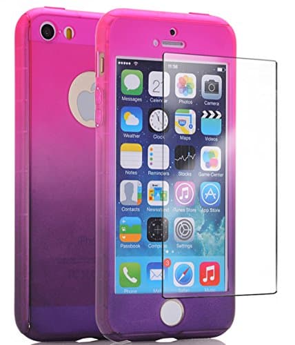 IPhone SE Case With Tempered Glass Screen Protector, LIBERWILL Colorful Ombre 360 Full Body Protector Slim Fit Ombre Fade Rose to Purple Ultra Thin Light Weight Hard Snap-On Case for Apple iPhone SE