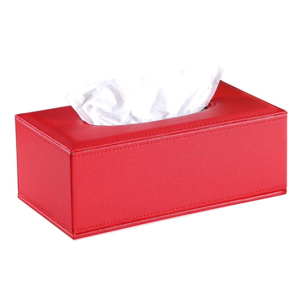 LJLJX PU Leather Tissue Box Holder, Rectangular Napkin Holder Pumping Paper Case Dispenser, for Bathroom, Countertop, Bedroom, Night Stand, Desk, Table,Red