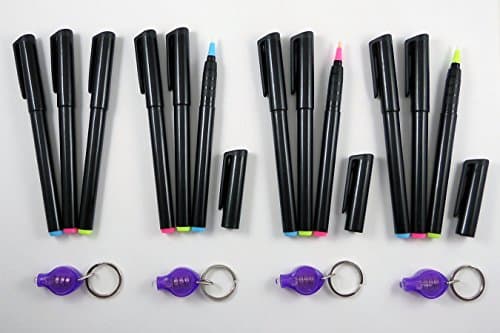 12 Invisible Ink Pens & 4 UV Lights Assorted UltraViolet Blacklight Markers Blue Red Yellow