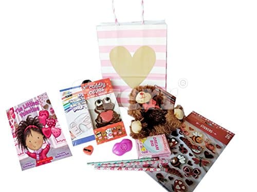 Valentine's Gift for Kids, Ready to Give Bundle, Includes Valentines Gift Bag, Lg. Chocolate Cutie,Candy Hearts, Val.Day Pencils, Stickers, Stuffed Bear, Great Book, & MORE! Gift Basket Boys & Girls