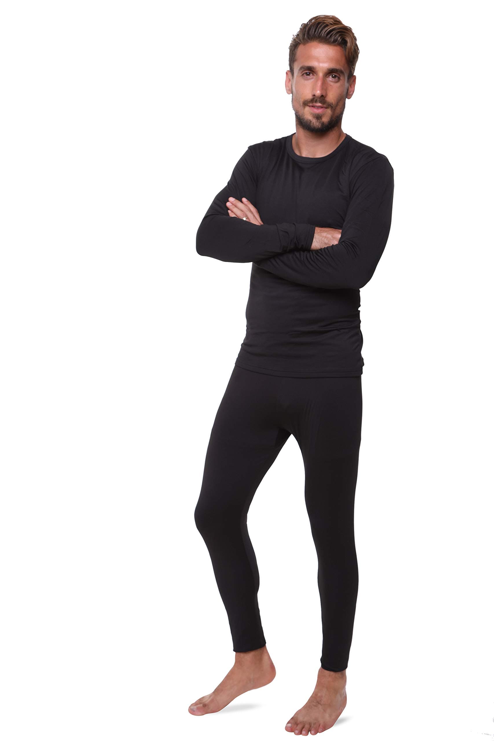 Men Thermal Performance Underwear Set; Base Layer; Midweight Soft Fleece; Warm Long Sleeve Vest and Long Johns Bottoms (XXL, Black)