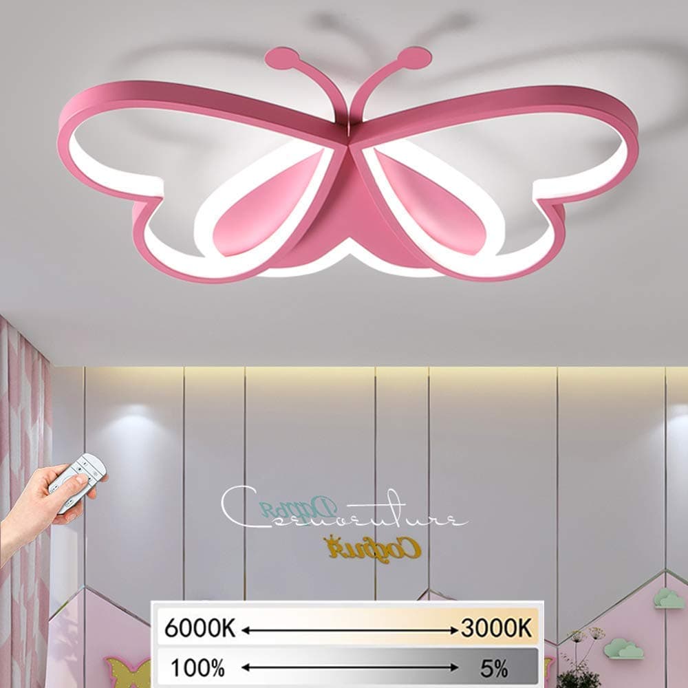 Nursery Led Ceiling Light Dimmable Remote Control Metal Acrylic Pink Butterfly Ceiling Lamp Boy Girl Nursery Bedroom Study Room Lamp Indoor Decorative Ceiling Lighting,50CM