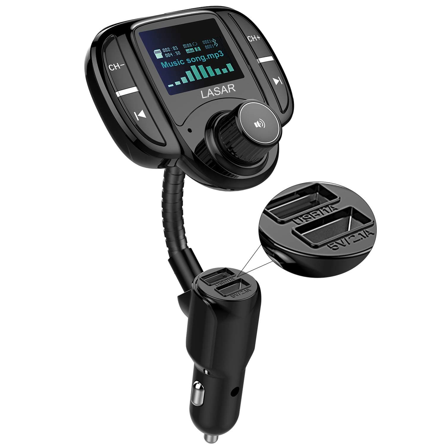 LASAR Bluetooth FM Transmitter,Wireless Radio Adapter Hands-Free Calling Car Kit QC3.0 and Smart Dual USB Port W 1.7" Display, Support USB Drive,AUX Input/Output, TF Card MP3 Player