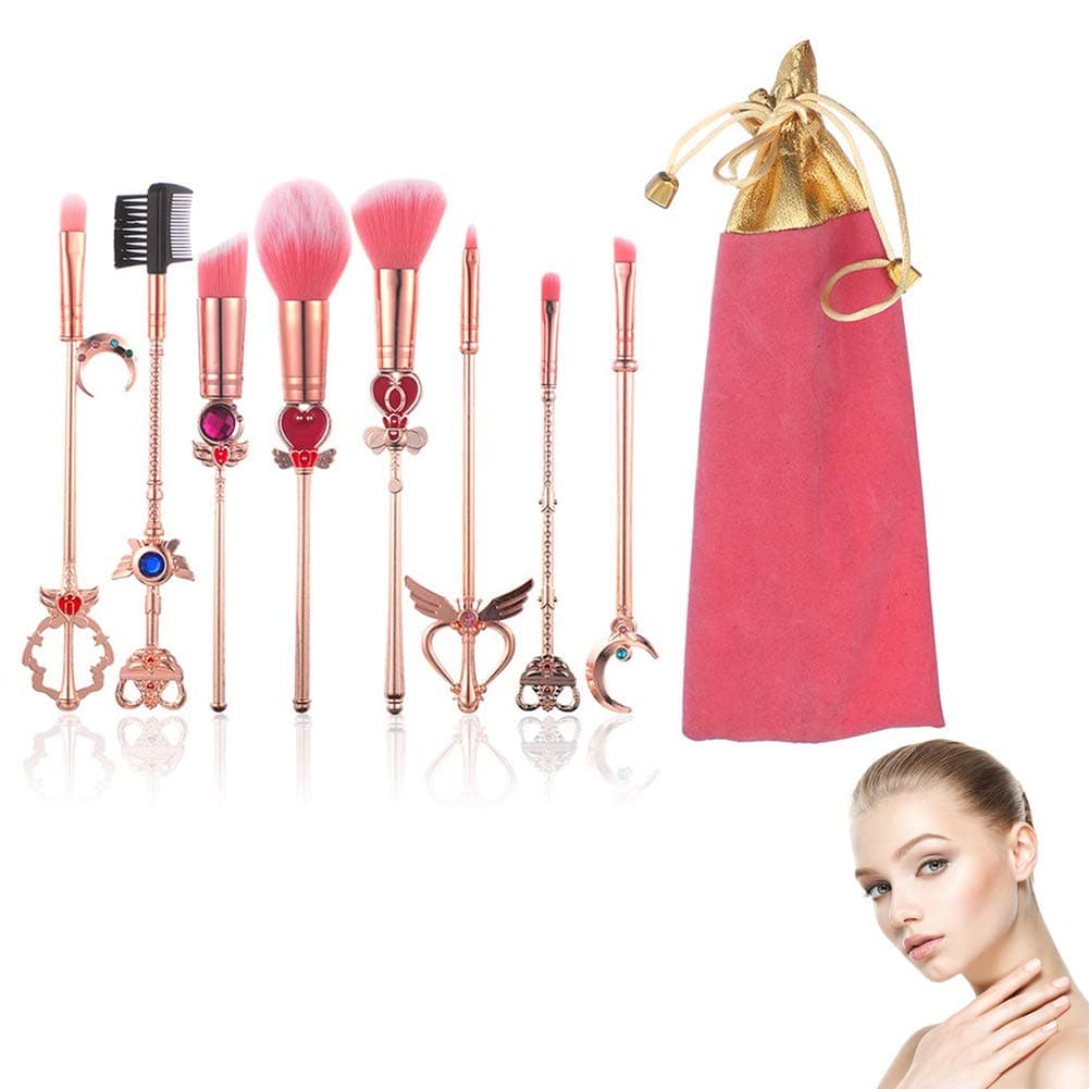Xiton, Makeup Brush, 8 pieces Makeup Brushes Set Magic Sailor Moon Makeup Brush Sakura Cosmetic Makeup Tool Kit Powder Liquid Cream Applicator Pink Drawstring Bag Included(Pink&Gold)