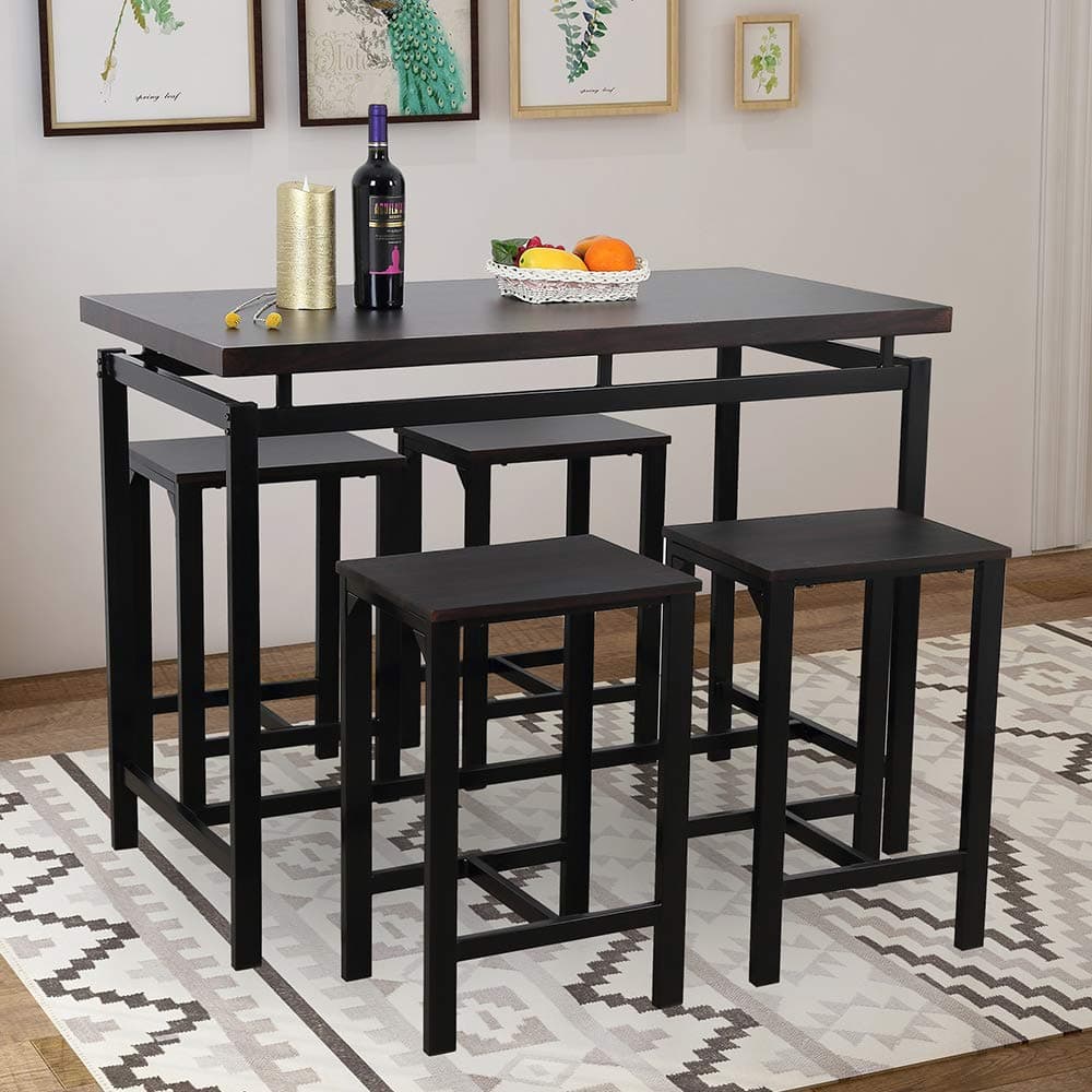 Dining Table Set, Rockjame 5 Pieces Modern Counter Height Pub Table Set with 4 Chairs, Perfect for The Bar, Breakfast Nook and Kitchen Room (Espresso)