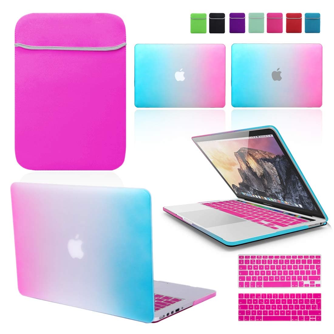 BUNDLE - Rainbow Hard Shell Case with matching Hot Pink Keyboard Skin and Neoprene Sleeve Cover for 13" & 15-inch Apple MacBook PRO