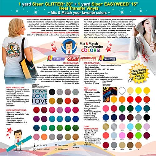 GERCUTTER Store: 1 yard SISER GLITTER + 1 yard SISER EASYWEED Heat Transfer Vinyls on Cotton or Polyester Mesh and Poly-blend Fabrics (Mix & Match your favorite colors)