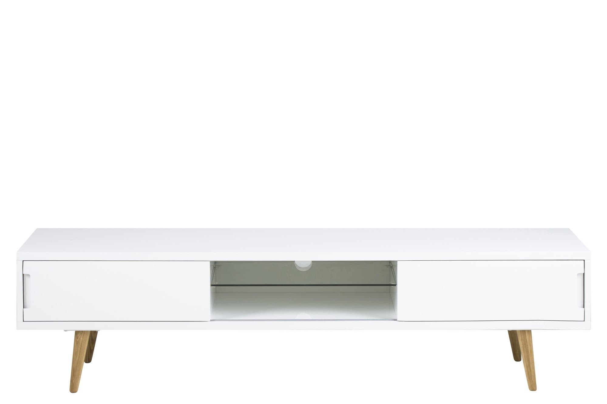 Synoun TV lowboard gloss white 2 sliding doors glasplatte romin