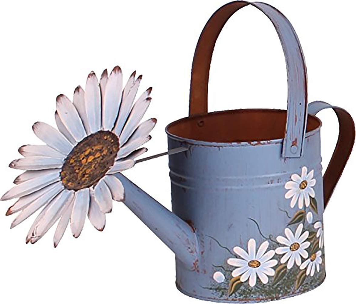 Morning View Rustic Decorative Blue Watering-can Planter with White Flower Patterns Metal Planter Flower Pot Container for Indoor Outdoor Home Decor