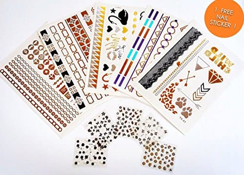 Premium Temporary Tattoos 5 Sheets | Metallic Gold, Silver, Turquoise Flash Tattoos for Women & Girls | Over 80+ Tattoos | 1 Sheet for Bonus Nail Sticker