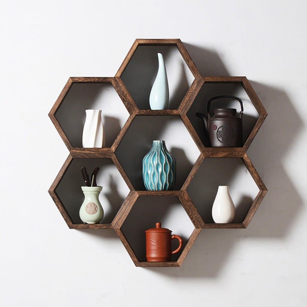 HTDZDX Hexagon Assembled Shelf, Solid Wood Decorative Wall Hanging, Brown Bedroom Living Room Display Cabinet, 707312cm