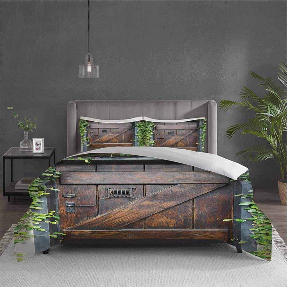 Rustic 3-Pack (1 Duvet Cover and 2 Pillowcases) Bedding Small Spanish Style Dark Stained Wood Door Secret Garden with Grated Window Picture Polyester (Full) Brown Green