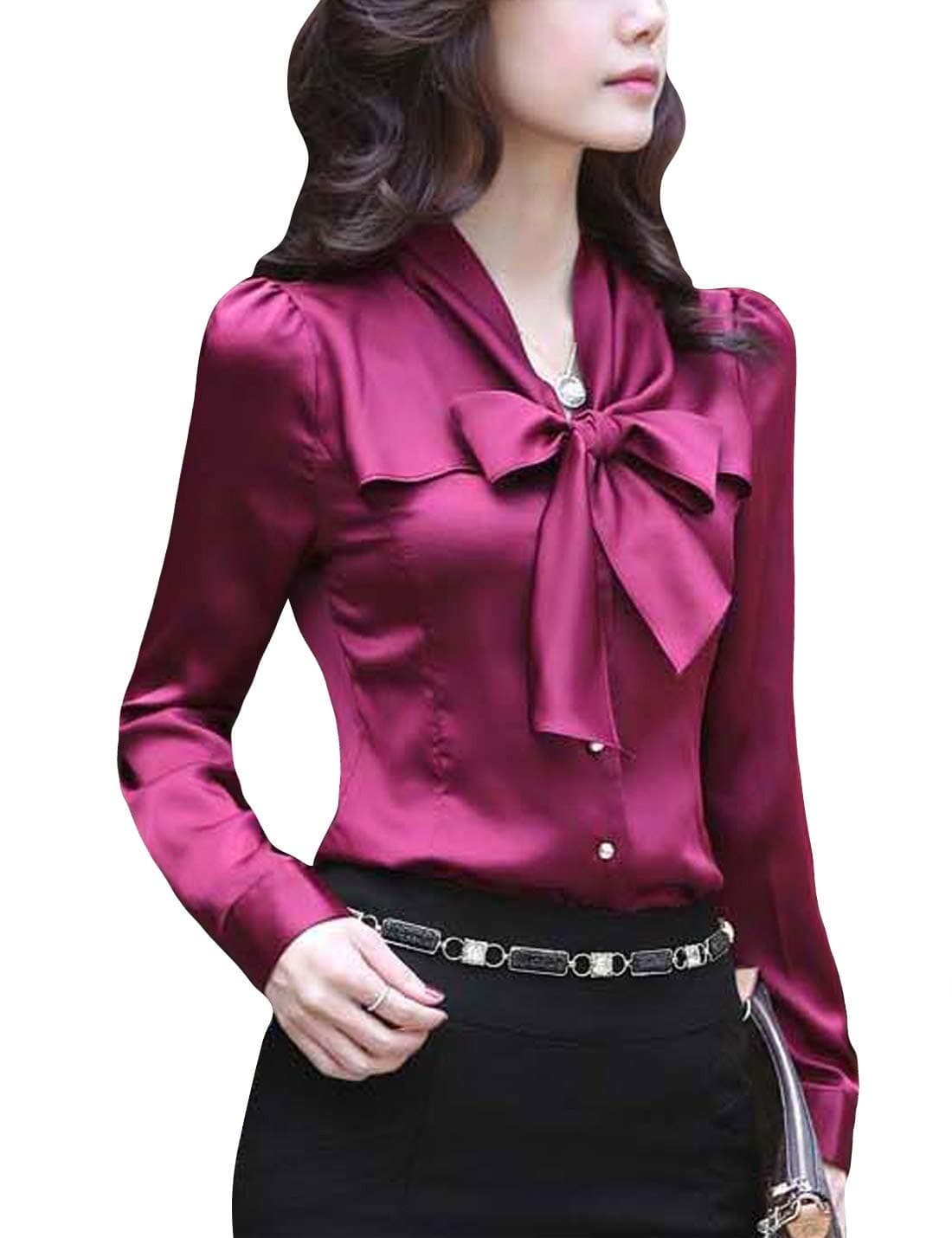 HUPOO Women's Slim Bow Knot Basic OL Business Office Silk Shirts Blouse