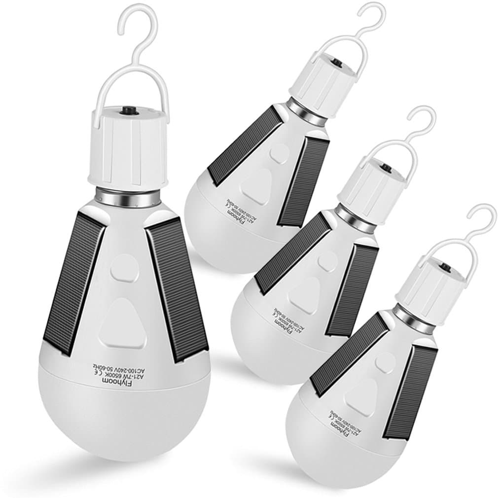 Flyhoom 4 Pack Rechargeable Solar Powered Camping Lights LED Emergency Light Bulb for Hurricane, Power Outage, Tent (White)