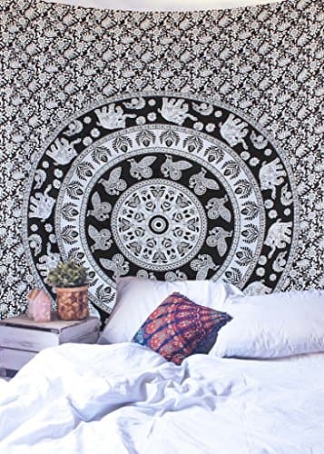 Tapestry Zone elephant peacock circle printed tapestry wall hanging small single bed size