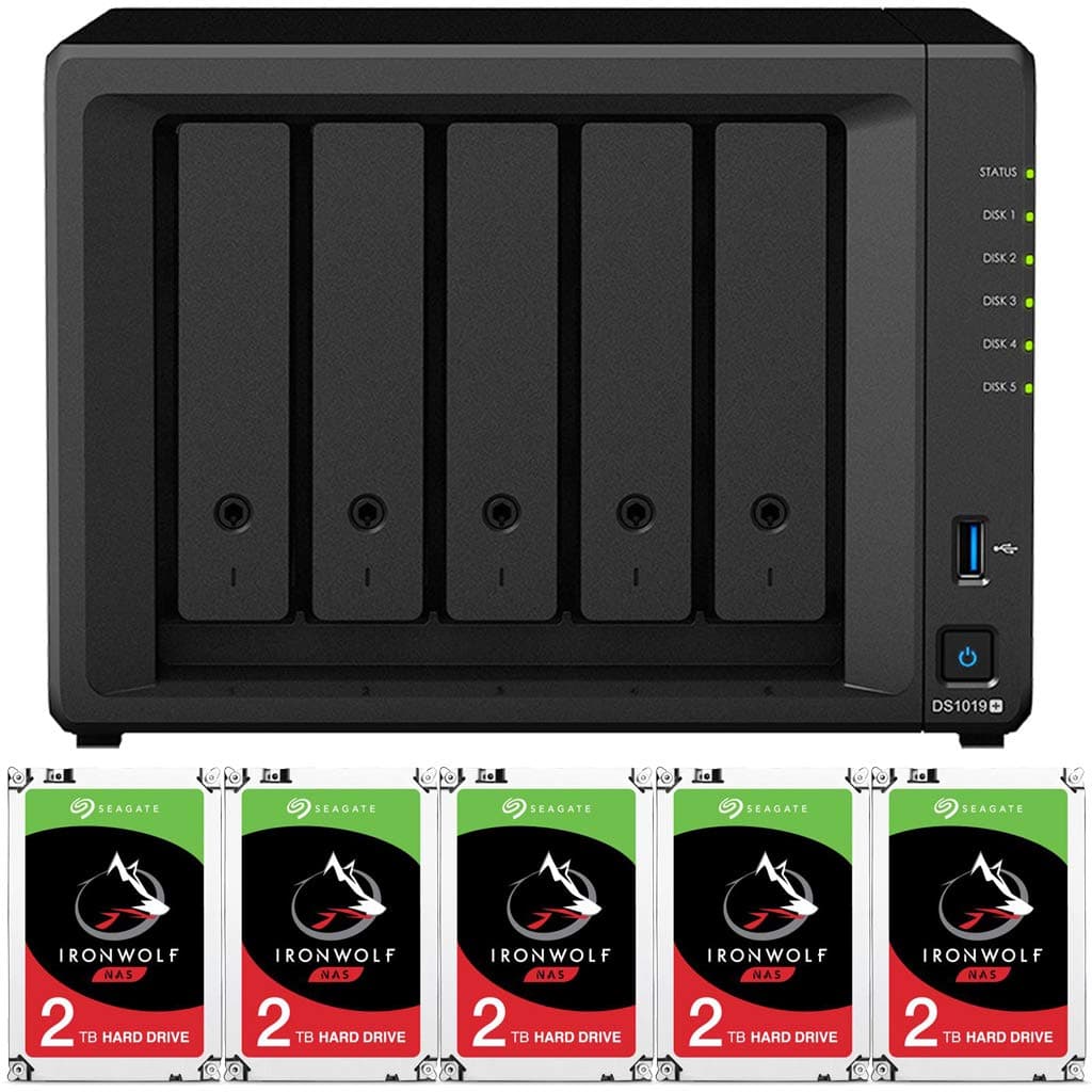 Synology DS1019+ 5-Bay DiskStation Bundle Assembled and Tested with 8GB RAM and 10TB (5 x 2TB) Seagate Ironwolf NAS Drives