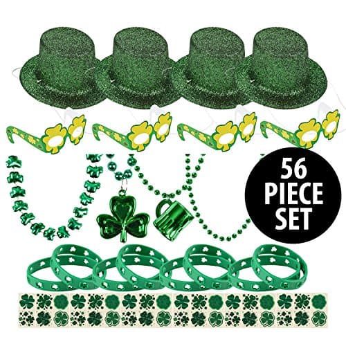 56 Piece St. Patrick's Day Party Supplies | Set includes: (4) Mini Hats (4) Assorted Green Necklaces (4) Paper Shamrock Glasses (8) Lucky Bracelets (36) Shamrock Temporary Tattoos