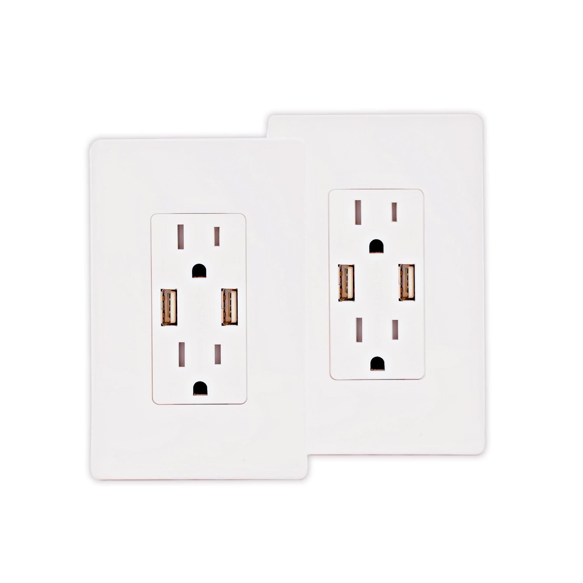 AC USB Wall Outlet by Smart Outlet. 4 Amp High Speed Double USB Charger Ports With Smart Chip Technology + 2 Standard 15A Tamper Resistant Receptacles. 2-Pack Value. White.