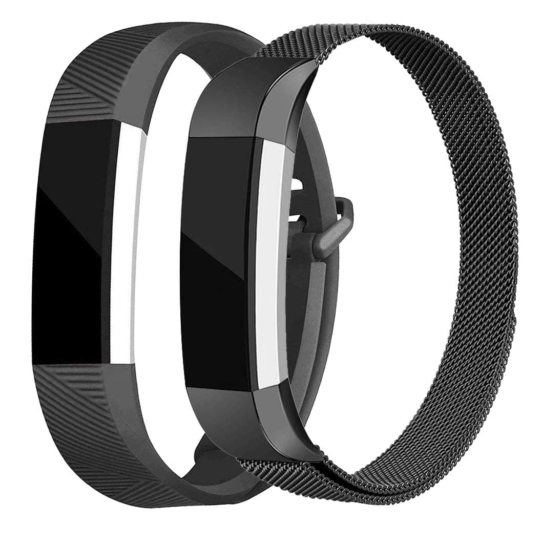 AKALE Replacement Bands Compatible for Fitbit Alta/Alta HR, Stainless Steel Metal Strap and Extra Silicone Replacement Bands (Black + Black Small)