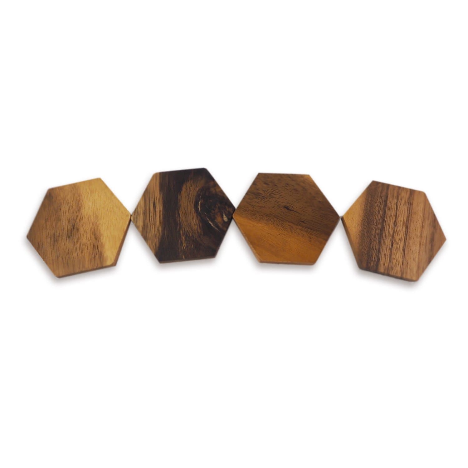 roro Wood Acacia Beverage Coaster Set, Hexagonal 4 piece set x 4 Inch