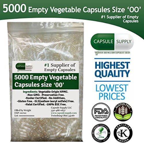 5000 Empty Vegetarian Vegetable (Size 00) Capsules | Halal/Kosher Certified | SLS - Free | High Quality Capsule Supply Products (5000)