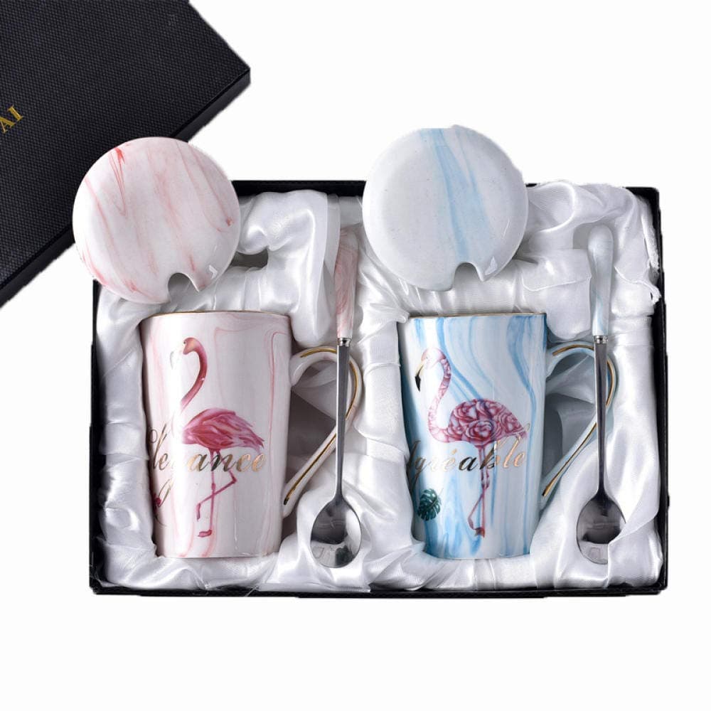 HMShun Mug Coffee Cup Ceramic with lid Spoon Cup Wedding Wedding Gift Box Set Couple Pair of Cups a Pair of Cups@Flamingo 1