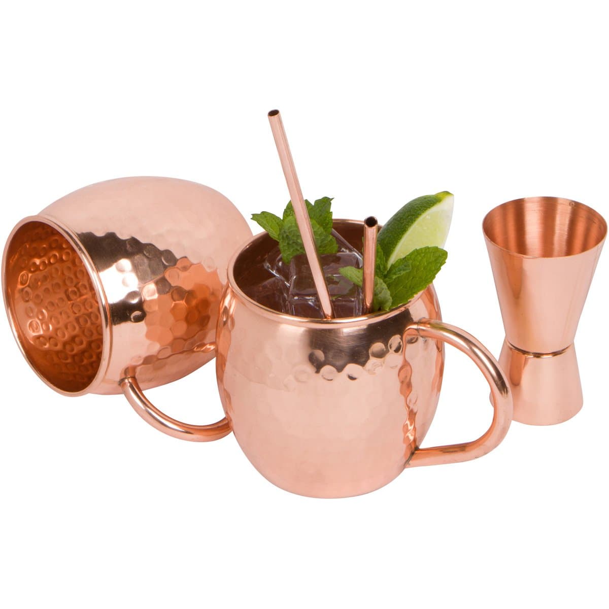100% Solid Hammered Copper Moscow Mule Mus, Set of 2, 16 oz, with Doublejigger