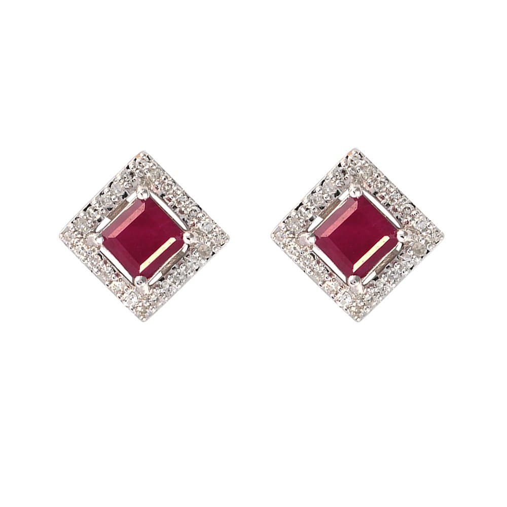 9ct White Gold Square Ruby and Diamond Stud Earrings