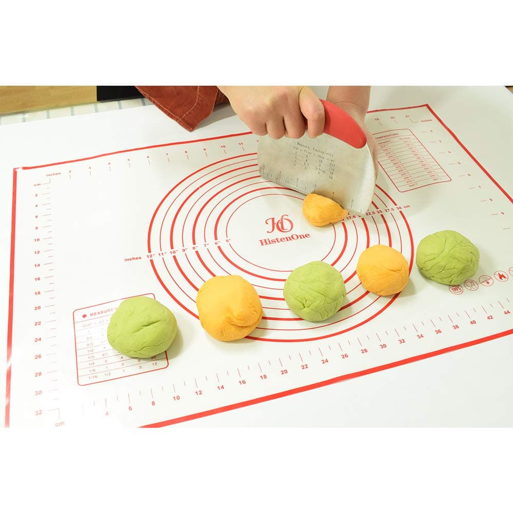 Pastry Mat & Dough Cutter Pack - Nonstick Silicone Baking Mat with Measurements 23.6''×15.7'' for Chef Baking and Cookie/Bread/Pizza Silver Gray Stainless Steel Dough Scraper