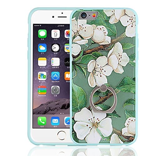 iPhone 6 Plus Case, Bernect Floral Flower 3D Relief Sculpture Ultra Thin TPU and Hard PC Hybrid Back Case Cover With 360 Rotating Finger Ring Grip/Stand Holder for iPhone 6 Plus-Green