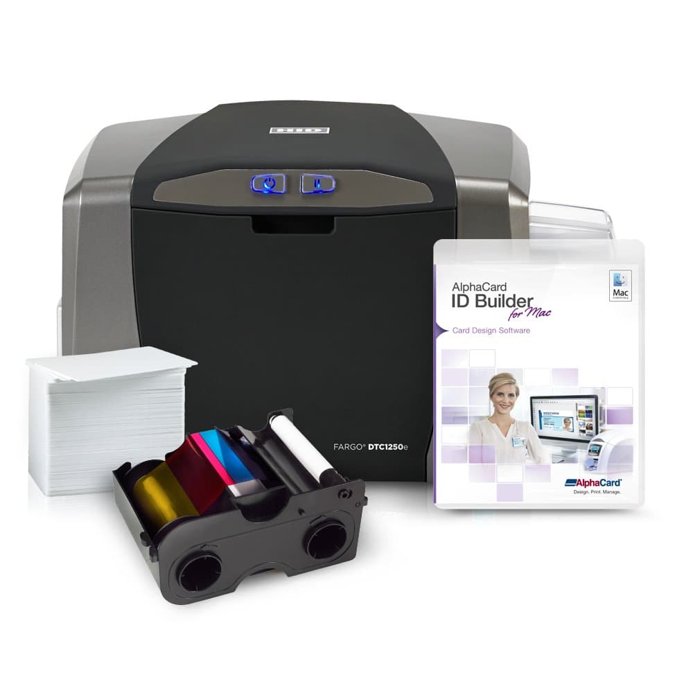 Fargo 1250e ID Card Printer System Comes Complete with Ribbon, Cards, Cleaning kit, and Alphacard ID Suite Badge Making Software (Mac)