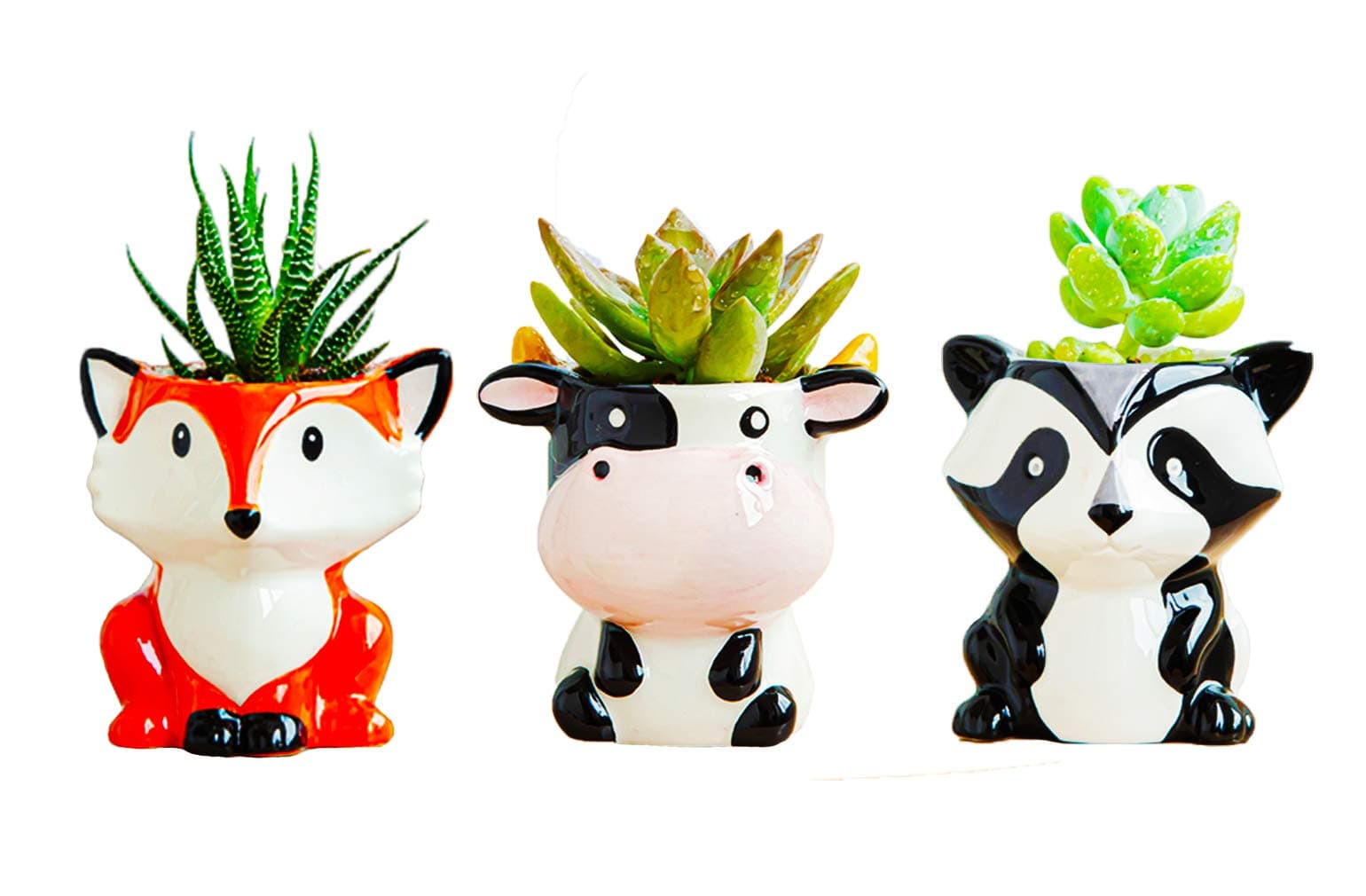 3 in Set 2.9 Inch Ceramic Fox, Panda, Cow Plant Pot Succulent Planter Pot
