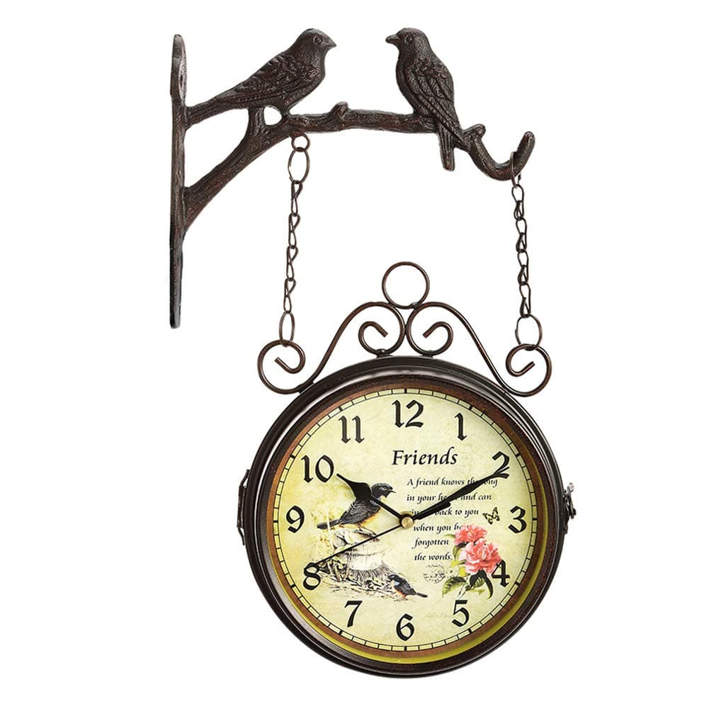 puto Double Sided Wall Clock, European Style Bird Clock Made of Wrought Iron, Non-Ticking Clock with Mounting Bracket for Indoor Decor 7-inch
