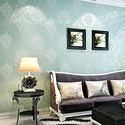 Trendy source 3d Damask Wallpaper for walls 21.6" x 393.7" Embossed Wallpaper, Textured Non-Woven Wallpaper Background for Livingroom,Bedroom ,Light Blue