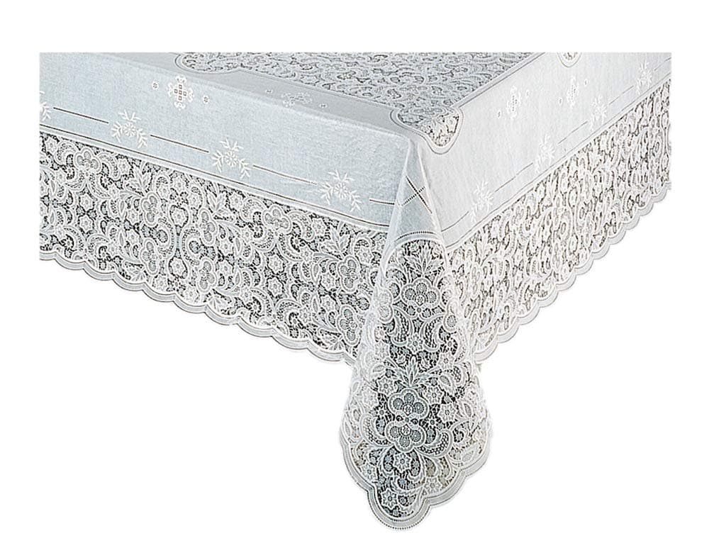 White Vinyl Tablecloth Oblong Full Coverage Protection Elegant.Lace Design Easy-Care: Damp Wipe or Machine Wash / Dryer Safe to Remove Wrinkles (60" x120“) (Rectangle)