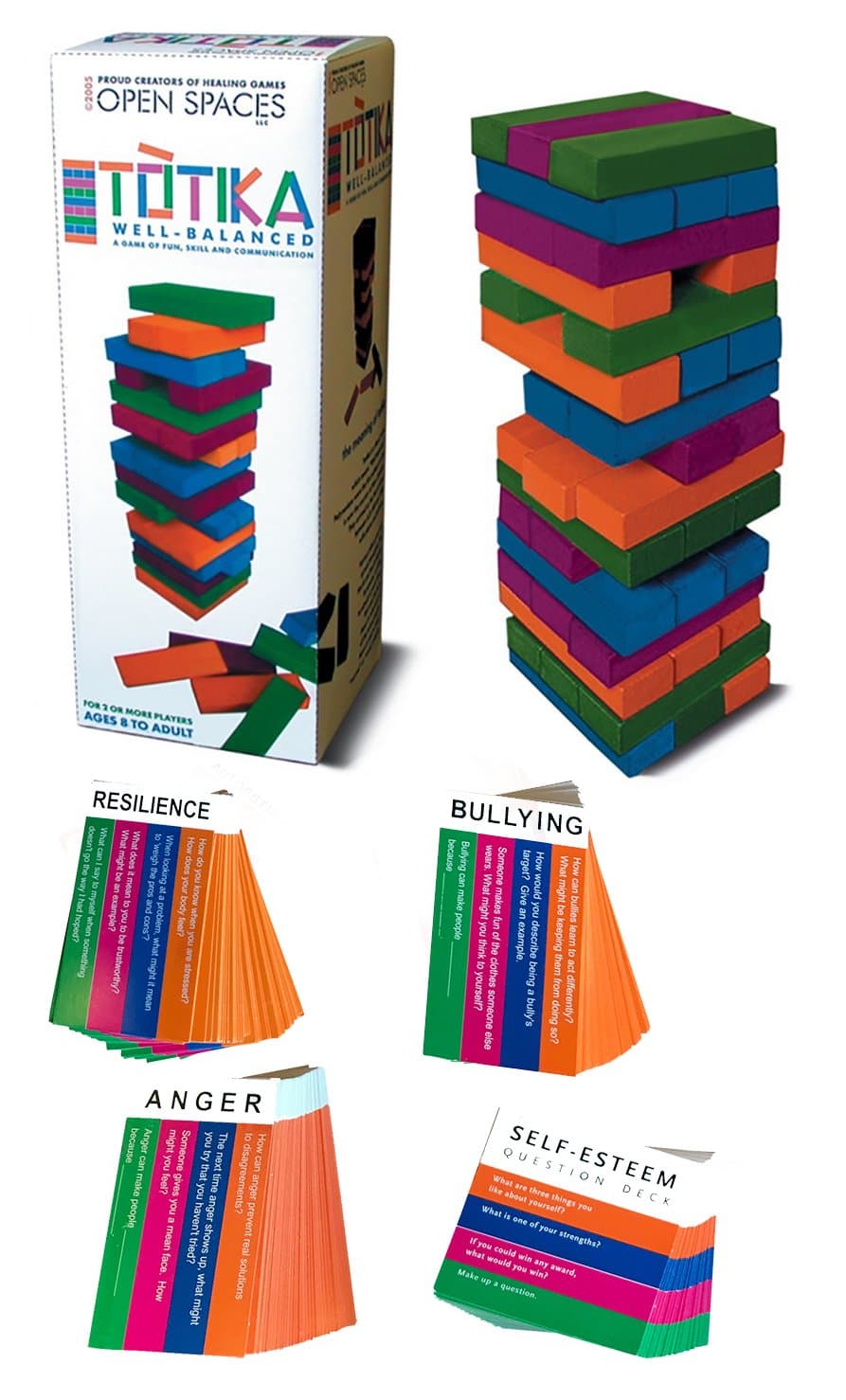 Totika Therapy Game Four Card Deck Set with 48 Colored Stackable Blocks - Anger, Bullying, Resilience and Self Esteem - A Games of Fun, Skill and Communication