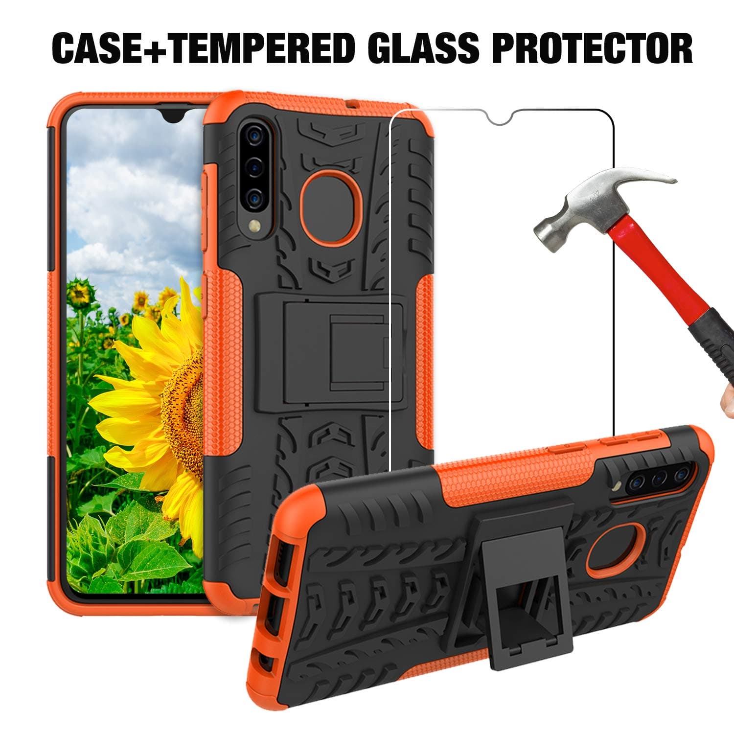 A50 Case,A50S Case,Heavy Duty Protective Cases for Samsung Galaxy A50 A50S A30 A30S A20 Protection Bumper (Tempered Glass + Orange Case)