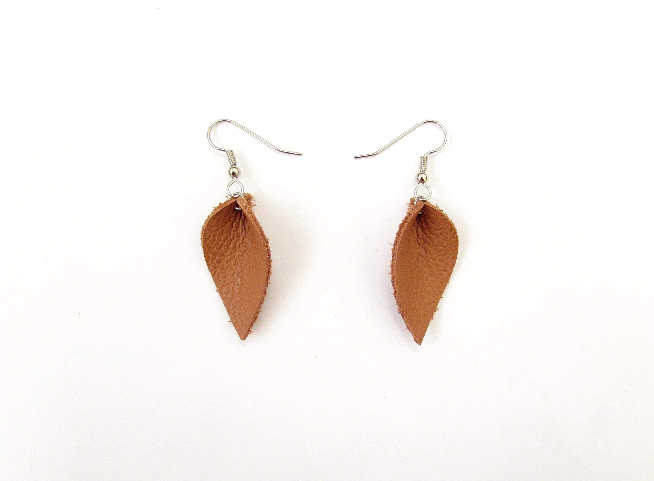 Tan Leather Petal Earrings, Small teardrop