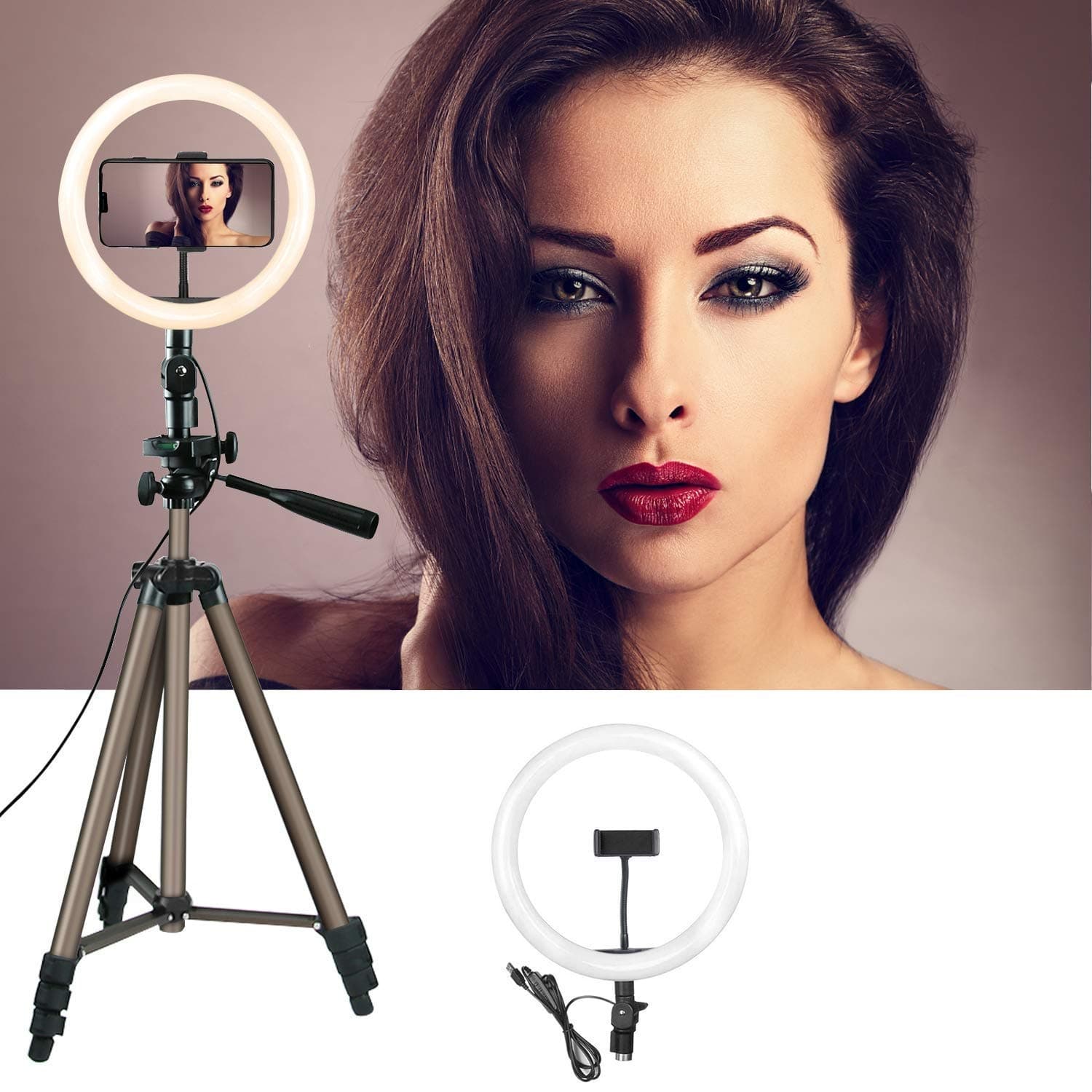 SUPPLE 10" Selfie LED Ring Light with Tripod Stand and Cell Phone Holder and 3 Light Mode, Dimmable Desktop LED Makeup Ring Light Kit for Live Streaming