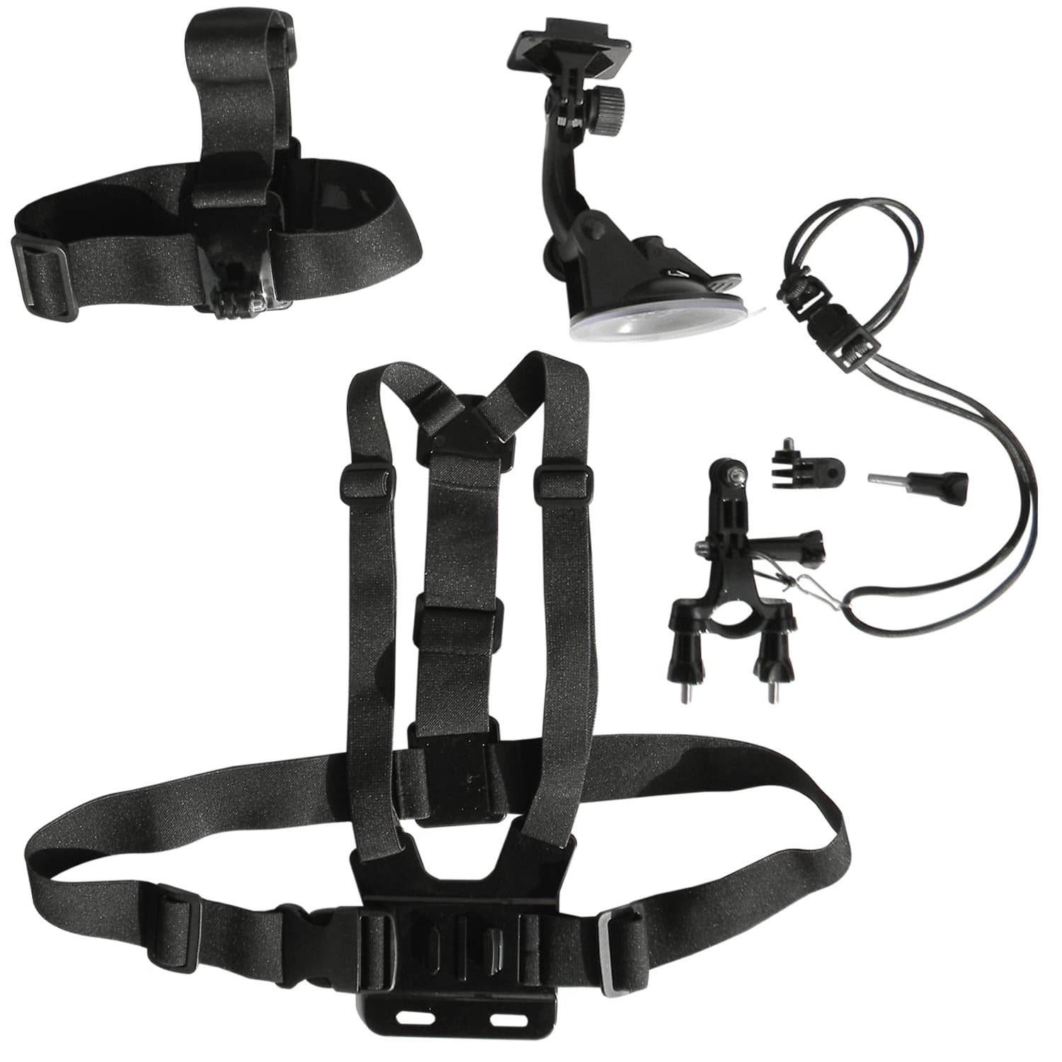 Gopro Accessories- Black Mount Kit Bundle W/straps for Hero 4+,4,3+,3,2,1-silver,white Edition. Use on All Sports, Handlebars, Motorcycle/bike,helmet/head, Chest Harness- Never Lose Mount w/Exclusive Tether kit AnchorProp-Reinforced Knob Nuts