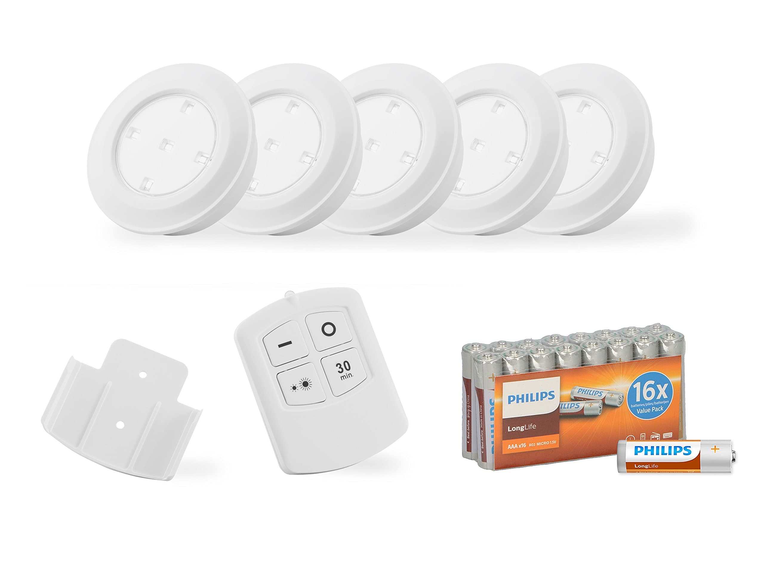 Lechten Remote Control Light – Cabinet light battery operated LED Under-Unit Spotlights (Dimbarr Light Set for Kitchen or Cupboard Programmable Spotlights for stairs, 6 V Battery Operated Light Set with Timer, Dimmer, Cool White (White)