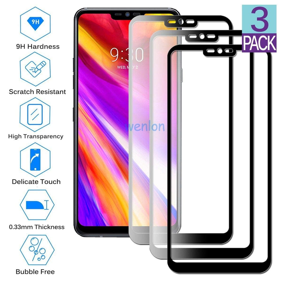 Wenlon[3 Pack Tempered glass screen protector for LG G7 ThinQ / G7 Fit / G7 One, 9H hard glass, full-coverage HD screen protector, full cover, scratch-resistant -Black