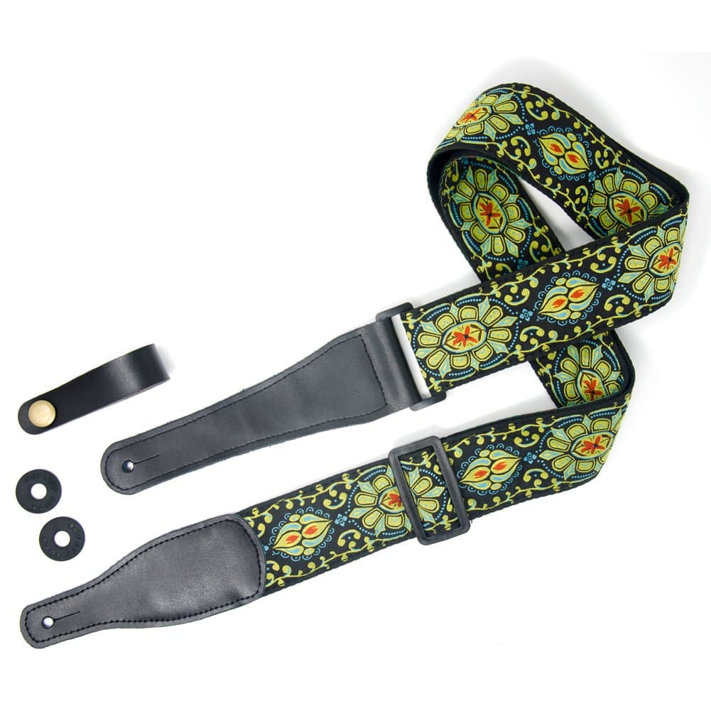 COOME Guitar Strap Adjustable Guitar Straps with Leather Ends Including Headstock Strap Button & 2 Strap Locks for Acoustic Electric Classical Bass Guitars Ukulele (Yellow)