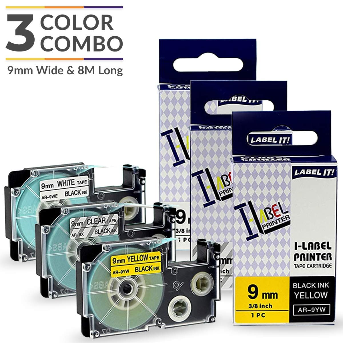UBICON Label Tape Compatible for CASIO KL EZ-Label Printers - Three Color Combo: Black on Clear, White and Yellow; 9 mm (3/8 inch) Wide and 8 Meters (26.2 feet) Long;