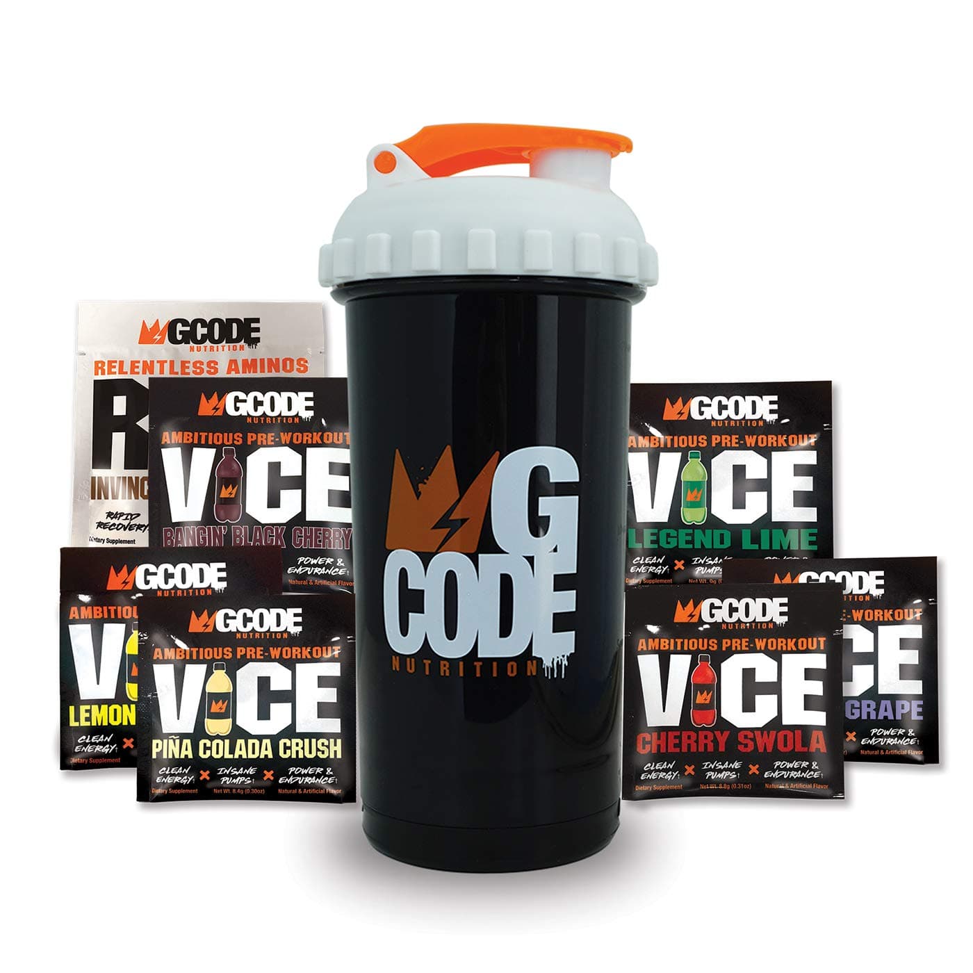 GCode Sample-Loaded Shaker Cup: 6 Servings of VICE Preworkout (Cherry, Grape, Lime, Pina Colada, Black Cherry, Lemon Italian Ice) + 1 Serving of Rise Aminos (Iced Tea) + 1 Shaker w/Secret Compartment